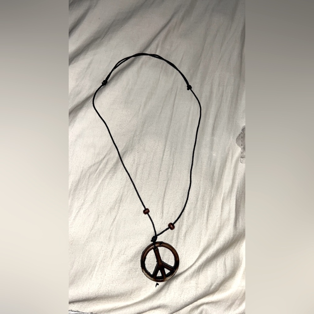Large wooden peace sign necklace